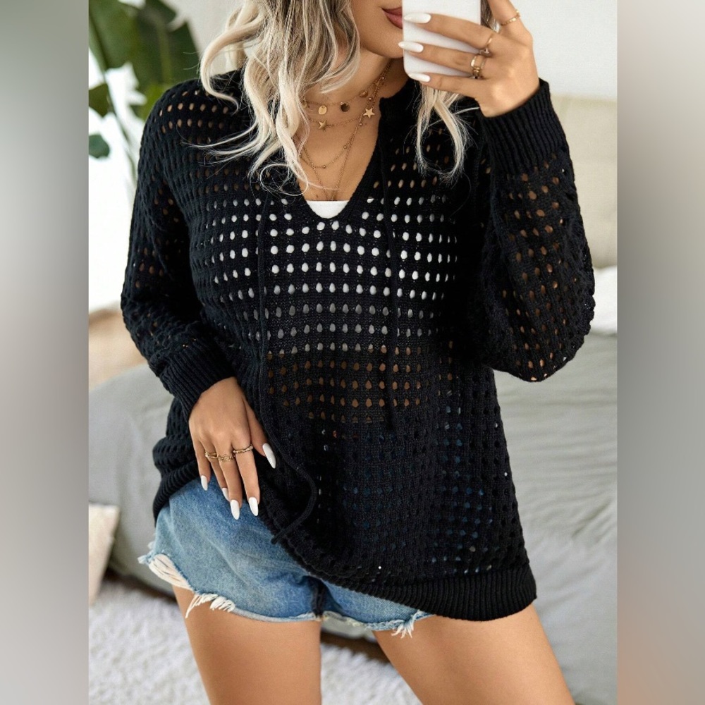 NWOT: Hollow Out Drop Shoulder Tie Neck Pointelle Knit Sweater